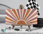 terracotta sunrise vanity plate on display stand — muted rose cream boho aluminum plate