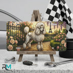 poodle Paris vanity plate on display stand — Eiffel Tower wisteria poodle aluminum plate