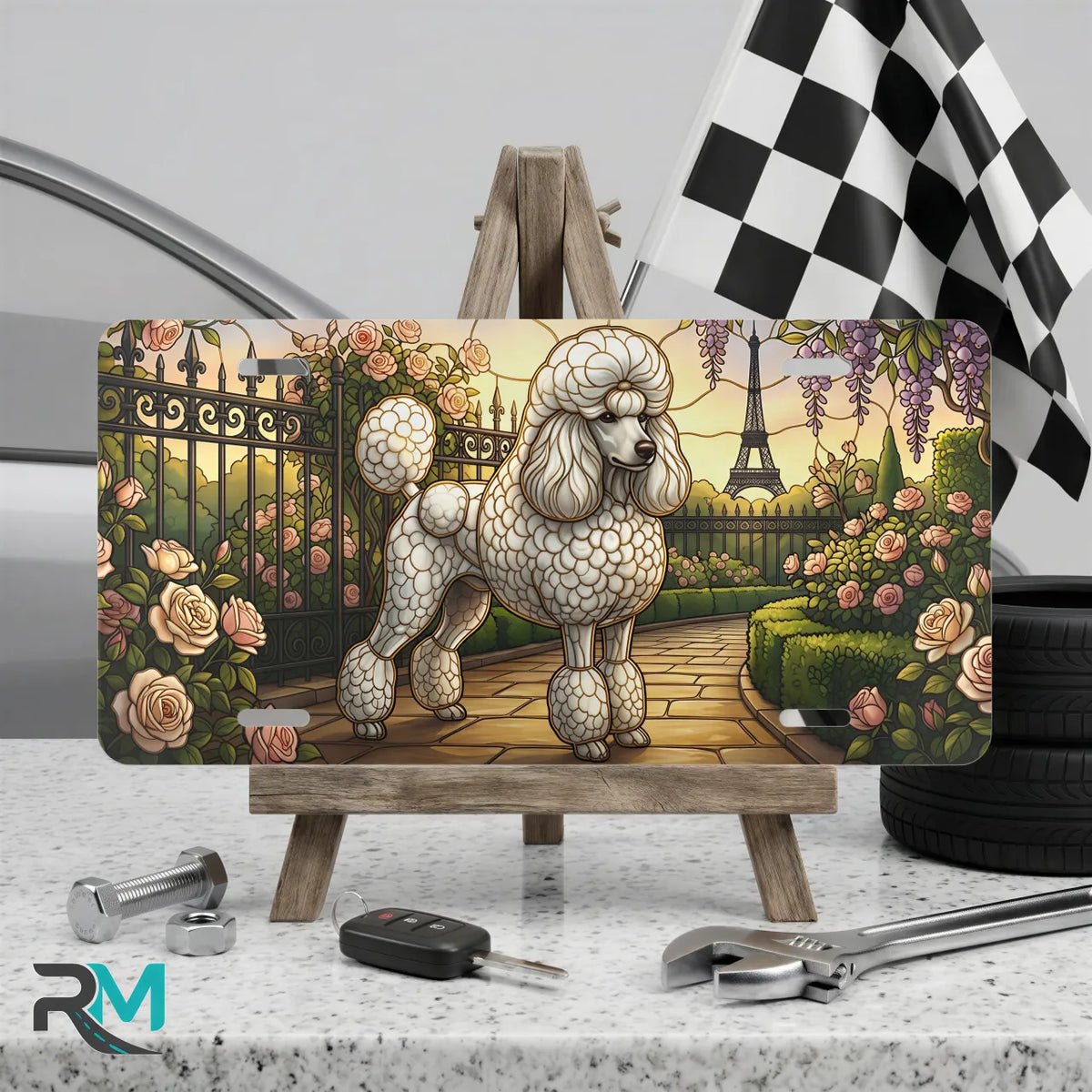 poodle Paris vanity plate on display stand — Eiffel Tower wisteria poodle aluminum plate