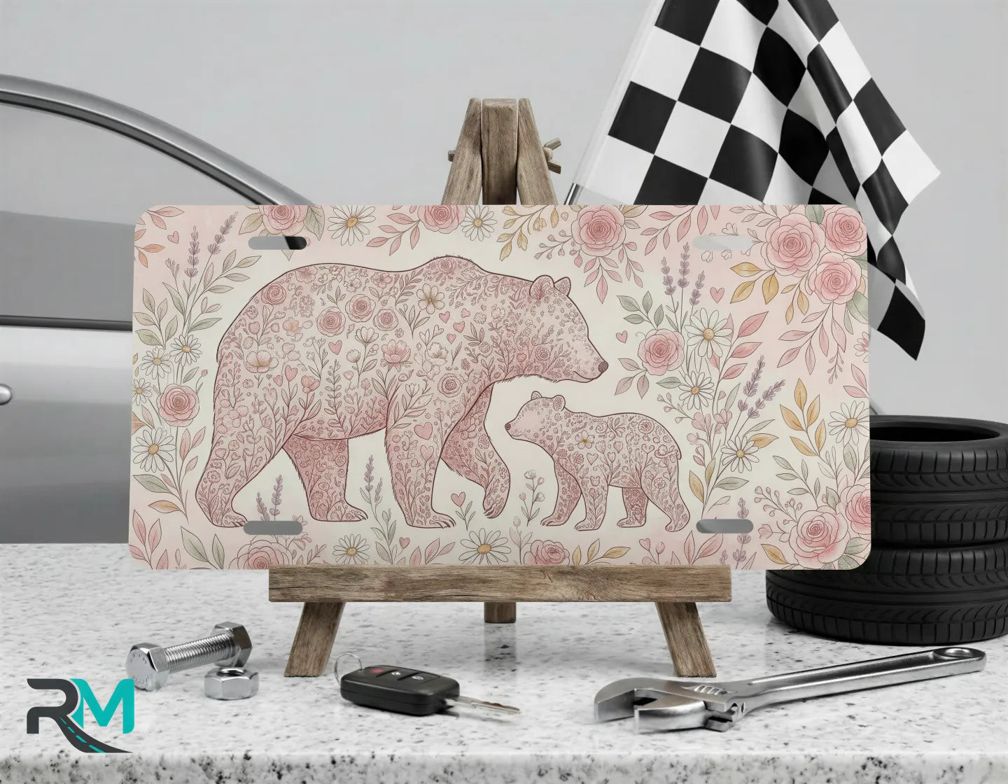 floral bear vanity plate on display stand — blush rose sage mama bear cub aluminum plate