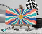 retro colorful wave vanity plate on display stand — bright wavy orange yellow aluminum plate