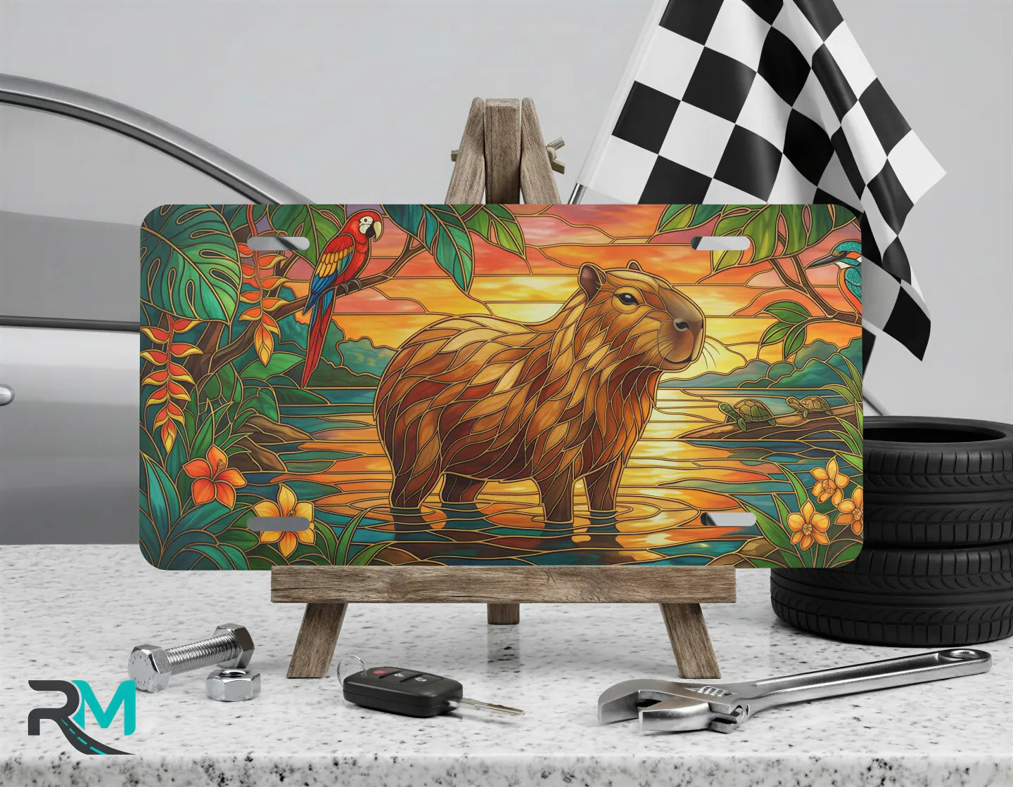 capybara sunset vanity plate on display stand — golden capybara wetland parrot aluminum plate