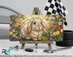 stained glass bunny vanity plate on display stand — soft pastel rabbit tulip rose aluminum plate
