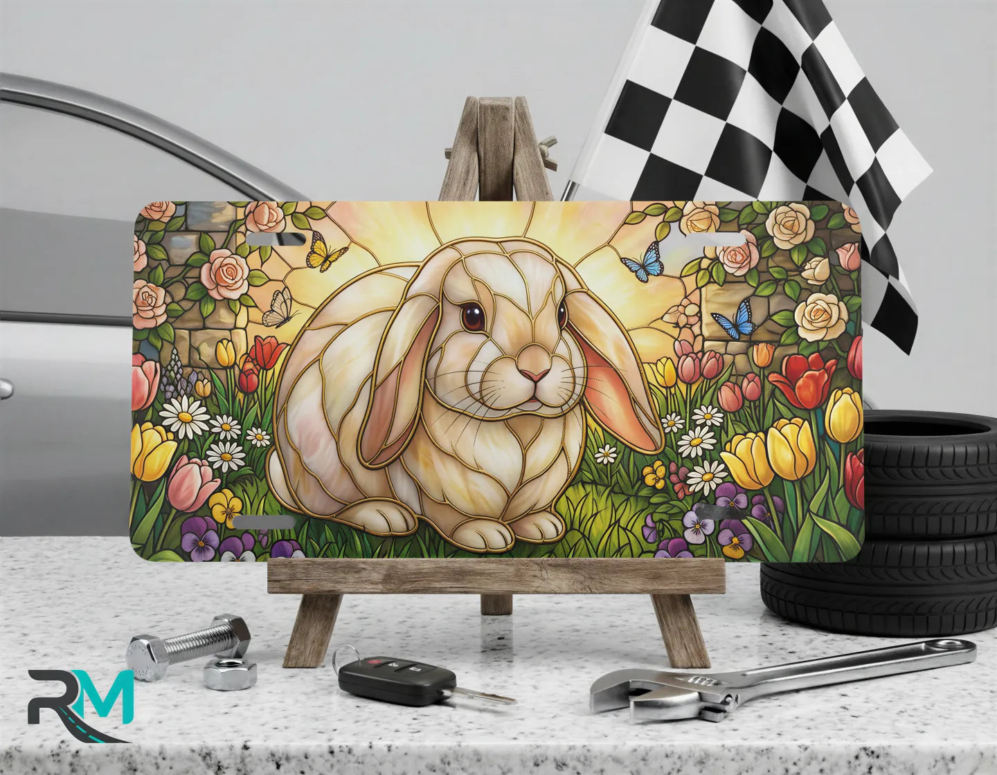 stained glass bunny vanity plate on display stand — soft pastel rabbit tulip rose aluminum plate