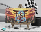 spirit shrine vanity plate on display stand — blazing sunset electric blue spirit torii aluminum plate