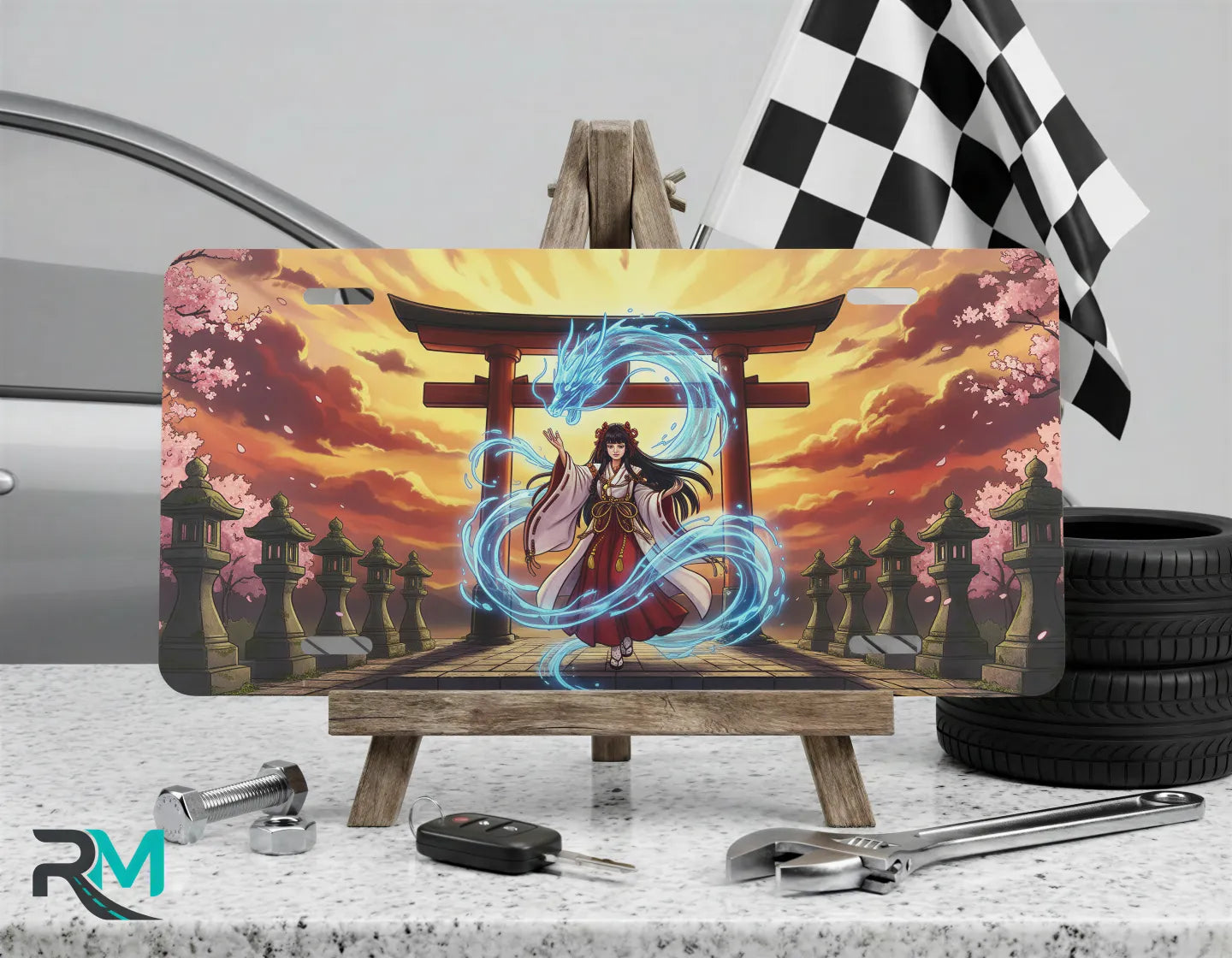spirit shrine vanity plate on display stand — blazing sunset electric blue spirit torii aluminum plate