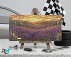 lavender field sunset scenic vanity plate on tire — warm gold deep purple lavender floral license plate