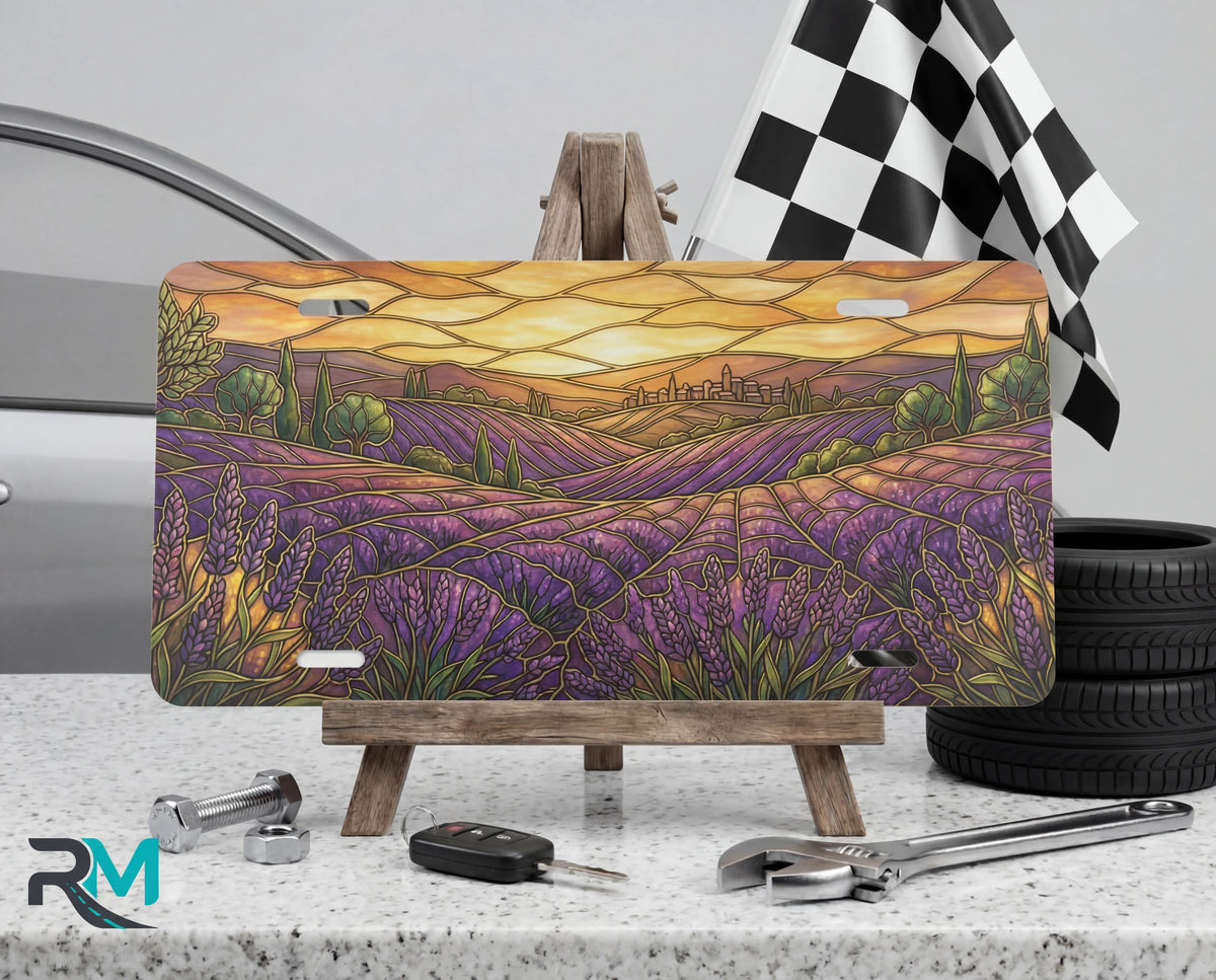 lavender field sunset scenic vanity plate on tire — warm gold deep purple lavender floral license plate