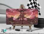 samurai girl vanity plate on display stand — warm sunset pink sakura warrior aluminum plate
