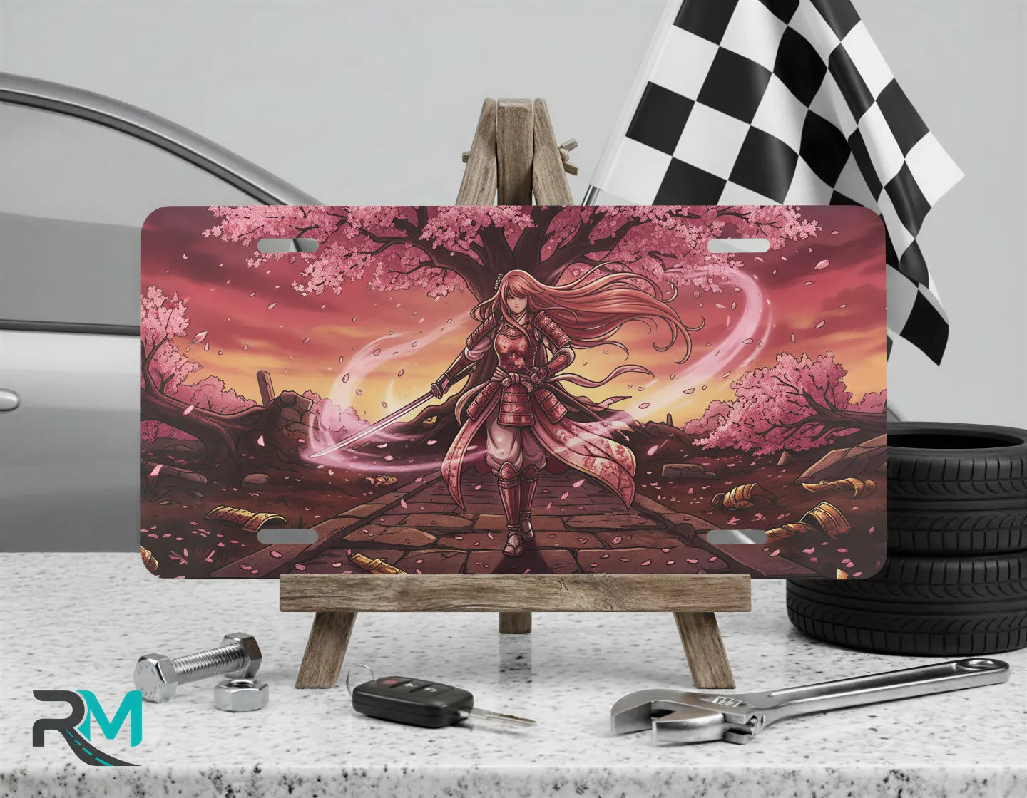 samurai girl vanity plate on display stand — warm sunset pink sakura warrior aluminum plate