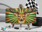 stag portrait vanity plate on display stand — rich amber forest green deer aluminum plate