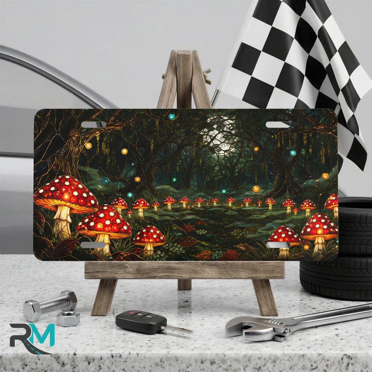 enchanted mushroom forest vanity plate on display stand — glowing toadstool firefly aluminum plate