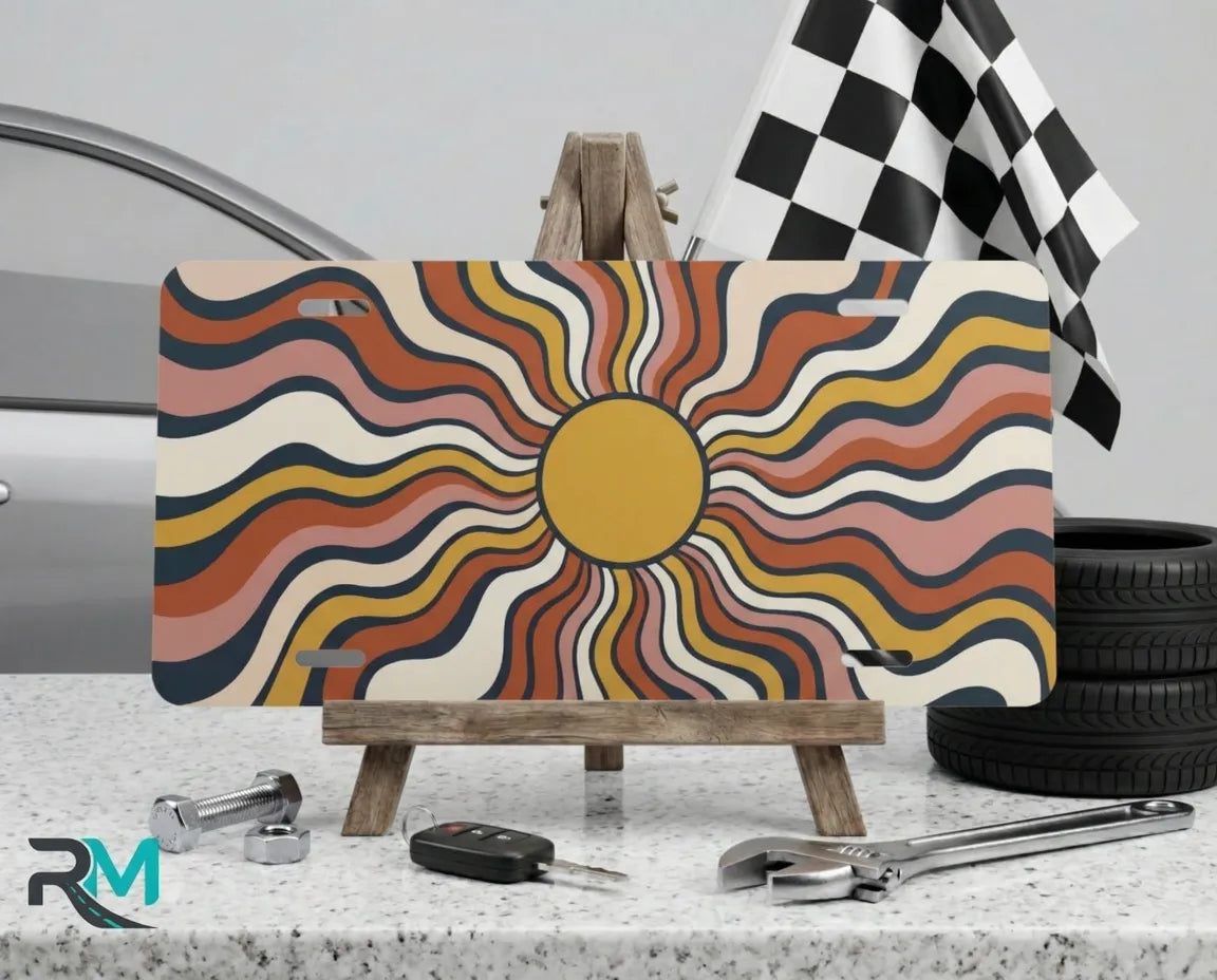 retro wavy sun vanity plate on display stand — 70s burnt orange navy boho plate