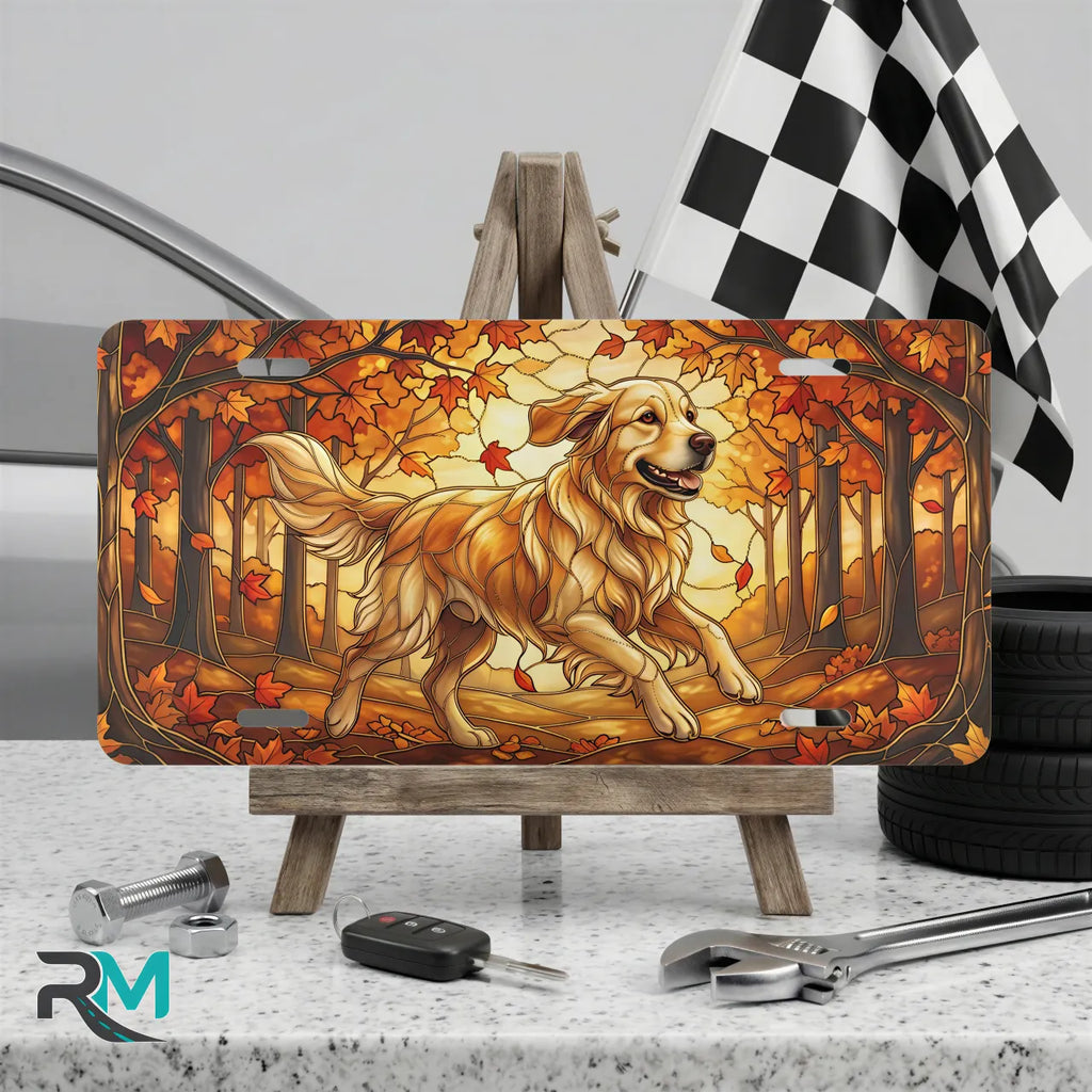 golden retriever vanity plate on display stand — warm amber rust autumn retriever aluminum plate