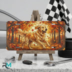 golden retriever vanity plate on display stand — warm amber rust autumn retriever aluminum plate