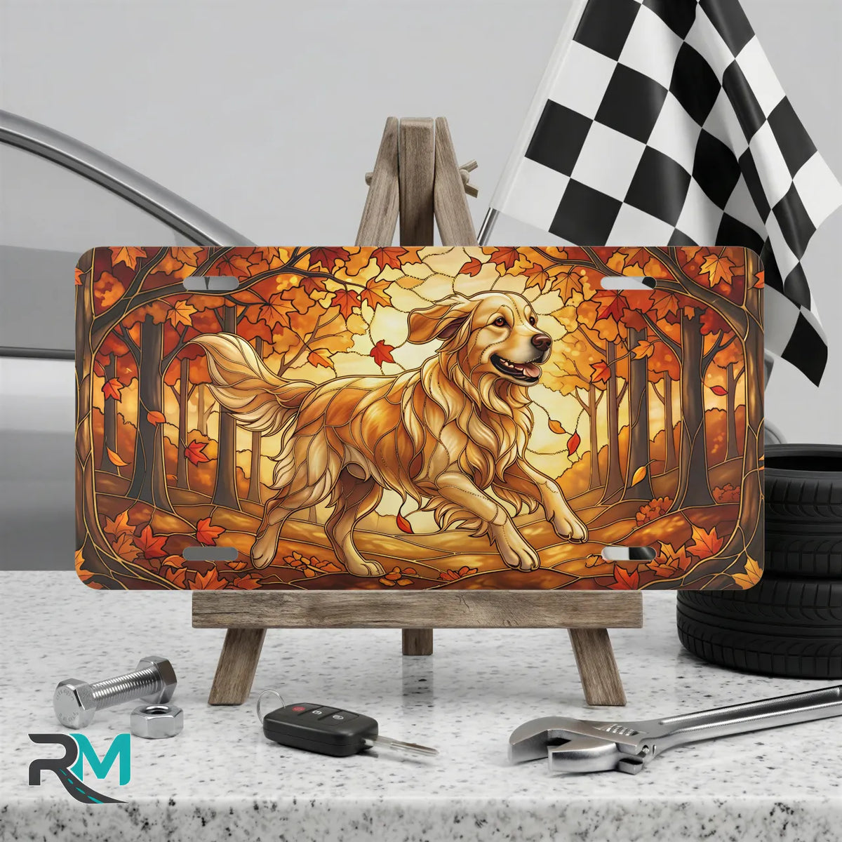 golden retriever vanity plate on display stand — warm amber rust autumn retriever aluminum plate