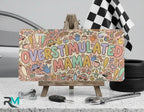 overstimulated mama vanity plate on display stand — pastel doodle funny mom aluminum plate