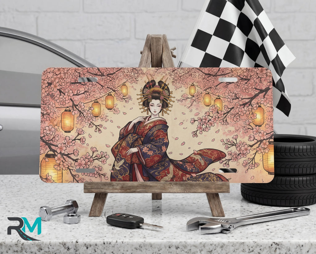 geisha sakura lanterns vanity plate on tire — soft pink kimono cherry blossom japan front license plate