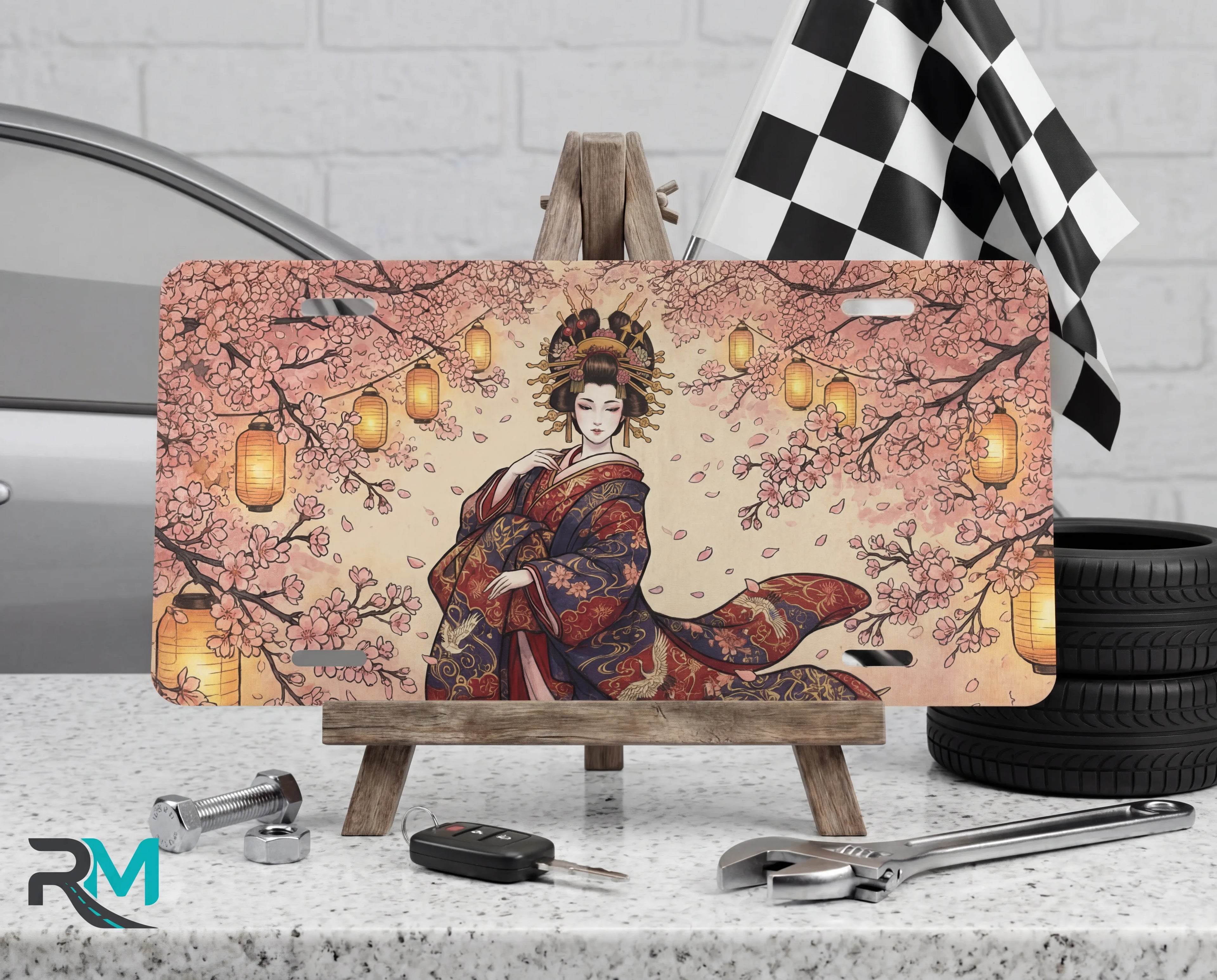 geisha sakura lanterns vanity plate on tire — soft pink kimono cherry blossom japan front license plate