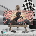 black unicorn vanity plate on display stand — midnight black unicorn cherry blossom aluminum plate