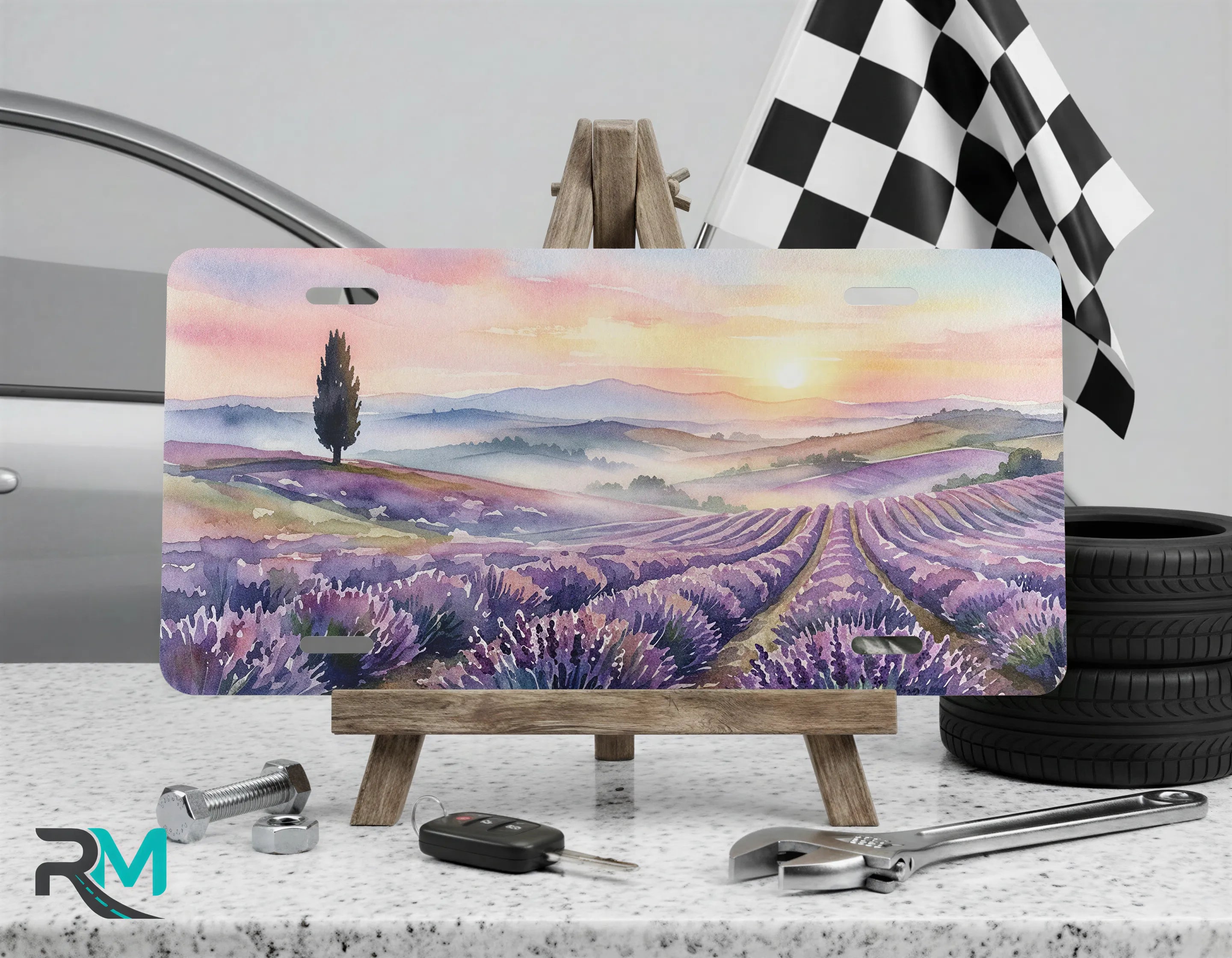 lavender sunset vanity plate on display stand — soft violet countryside aluminum license plate