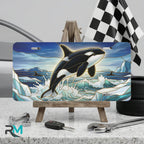 orca whale vanity plate on display stand — vivid orca black white icy blue aluminum plate