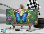 blue butterfly vanity plate on display stand — vivid sapphire blue butterfly tropical aluminum plate
