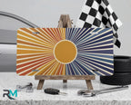 indigo sunrise vanity plate on display stand — bold amber indigo retro aluminum plate