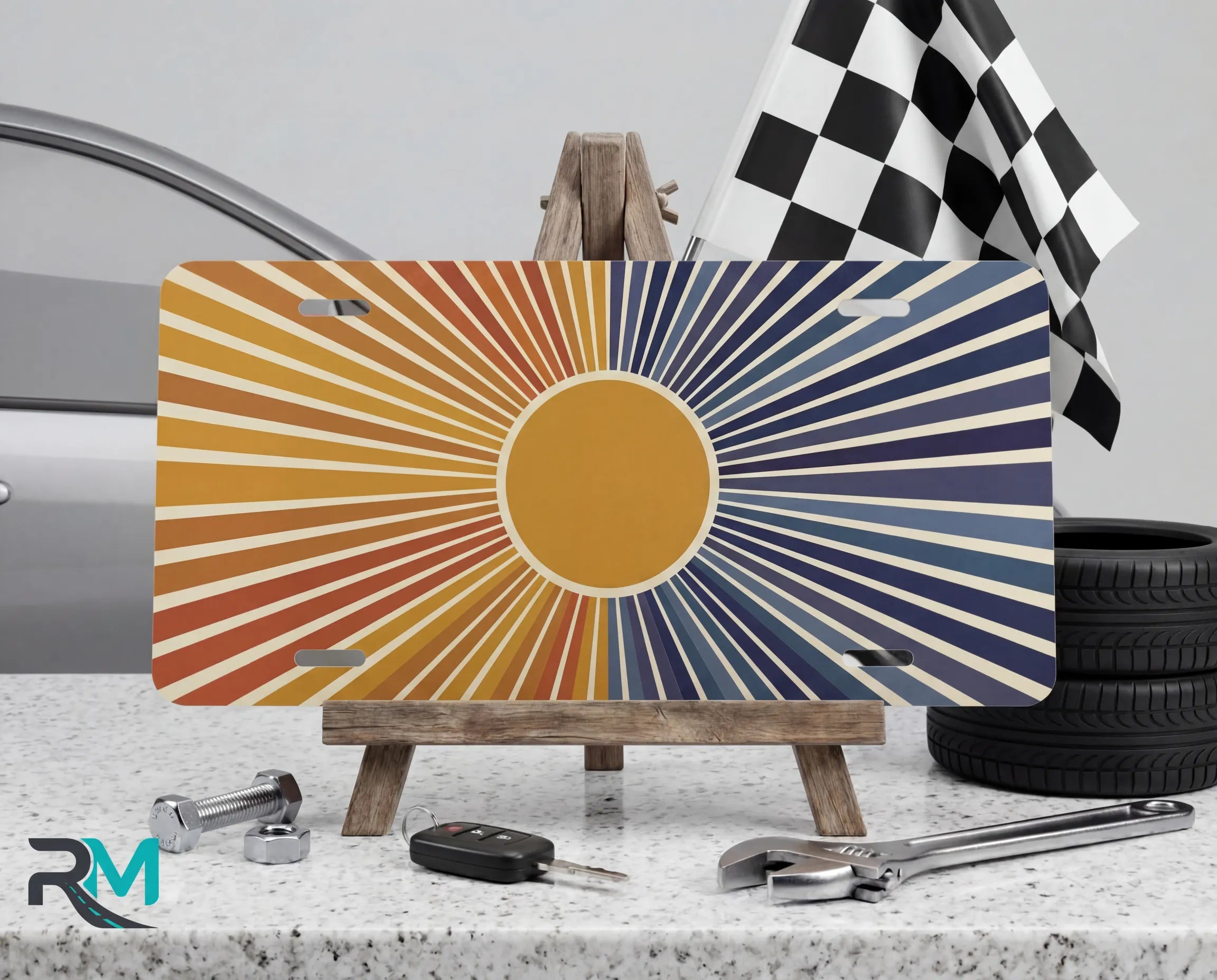 indigo sunrise vanity plate on display stand — bold amber indigo retro aluminum plate