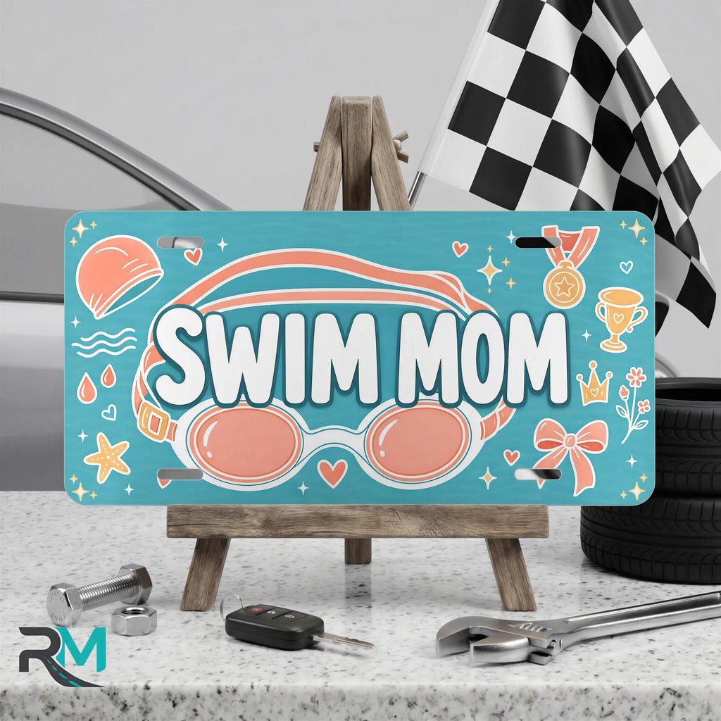 swim mom vanity plate on display stand — teal coral goggles medal aluminum plate