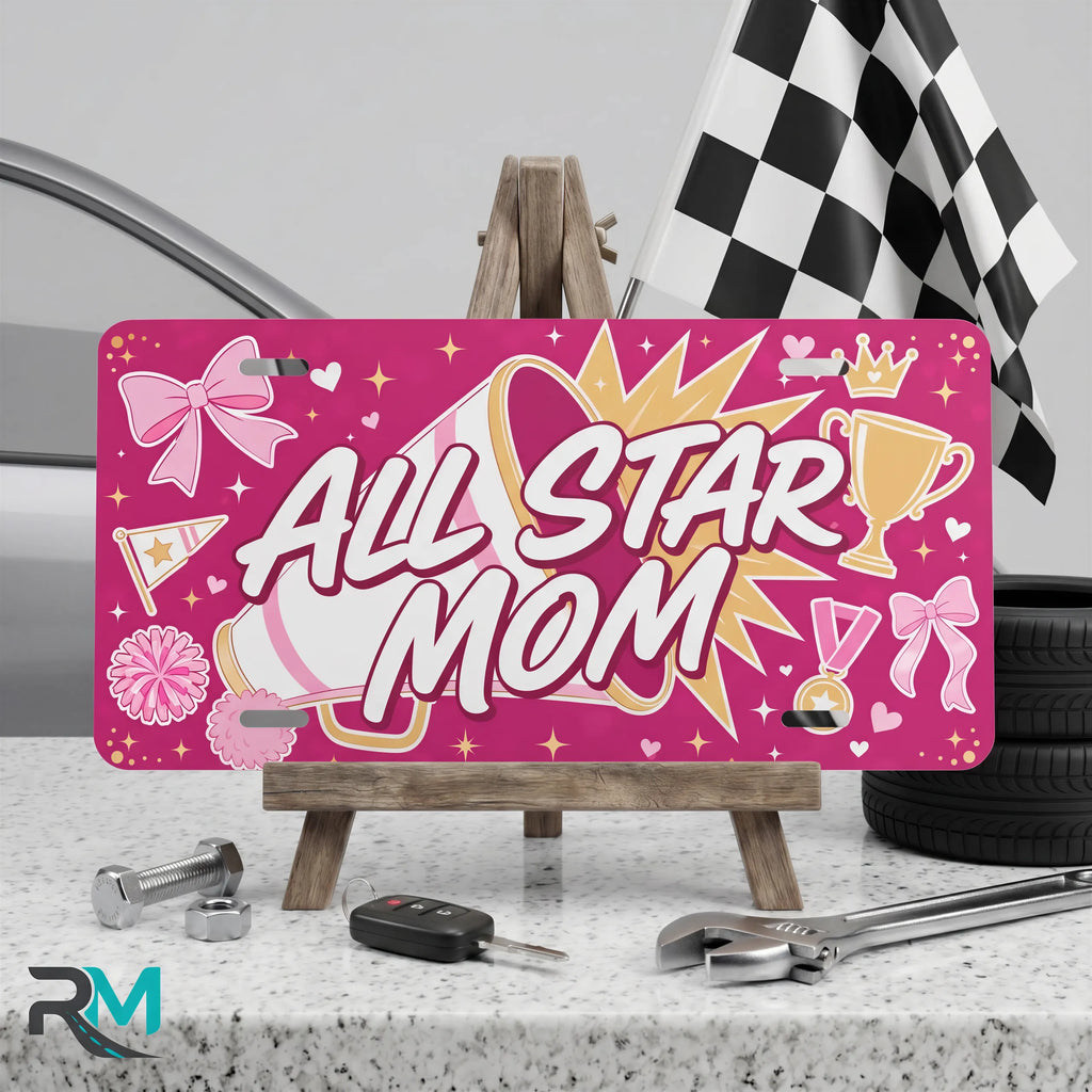 all star mom vanity plate on display stand — hot pink megaphone crown aluminum plate