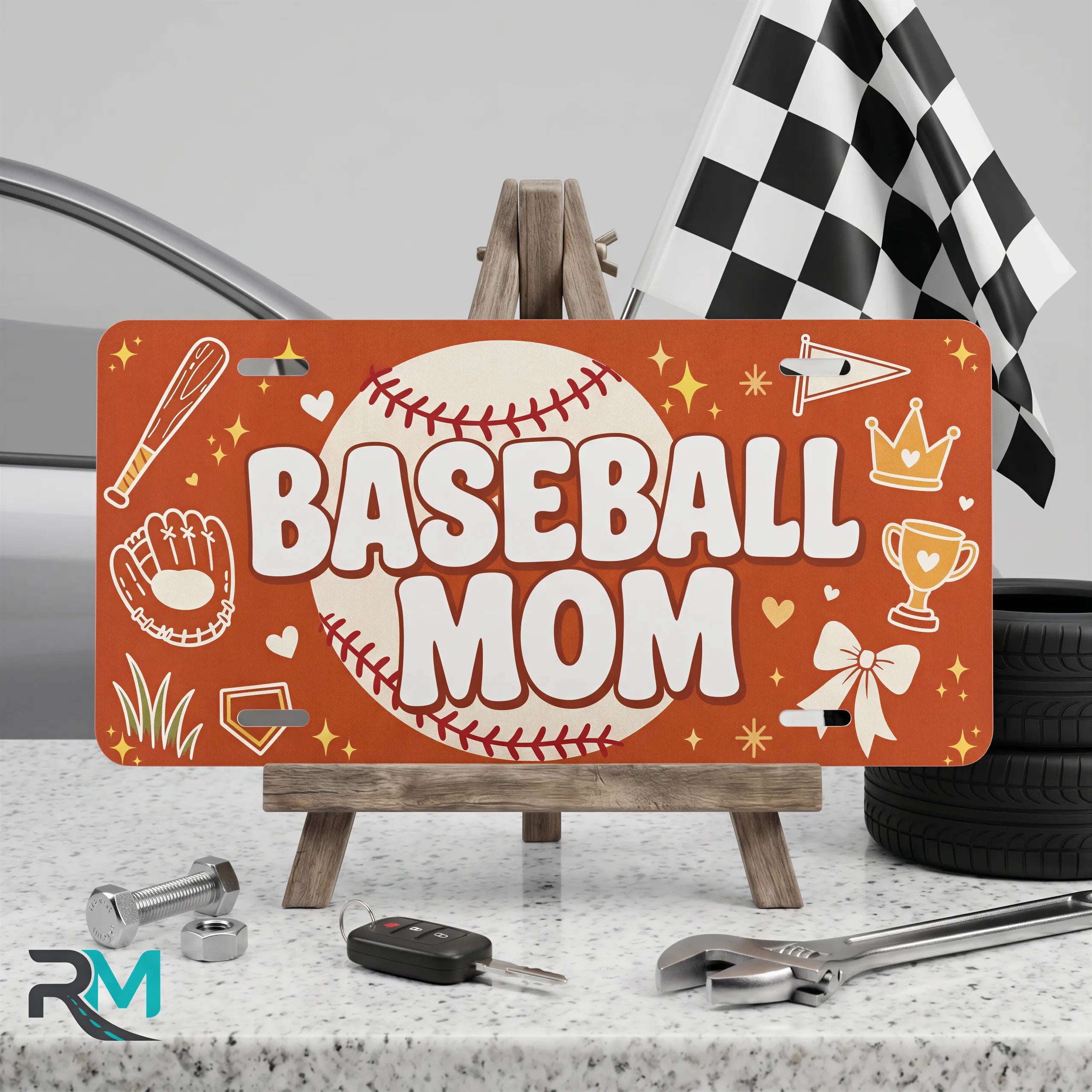 baseball mom vanity plate on display stand — baseball bat glove trophy aluminum plate