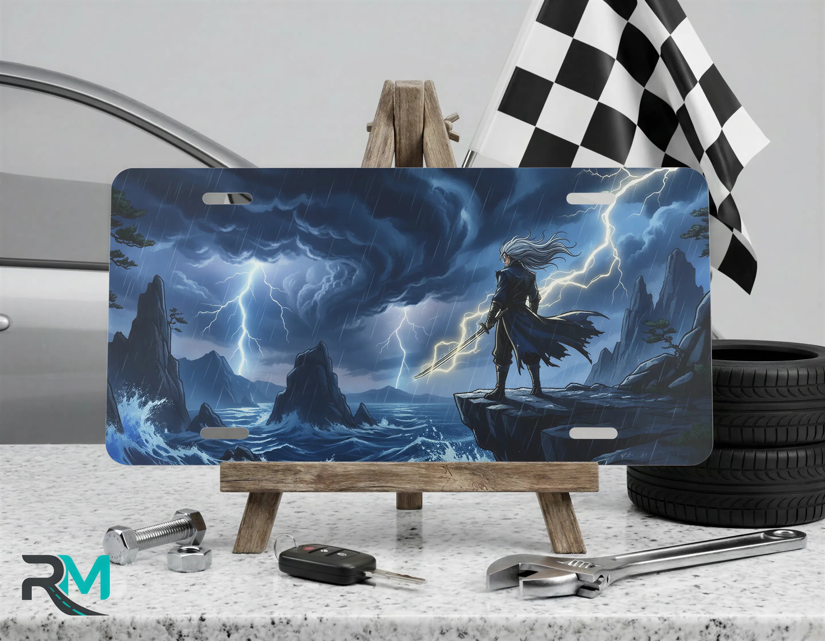 storm sorcerer vanity plate on display stand — electric blue storm coastline lightning aluminum plate