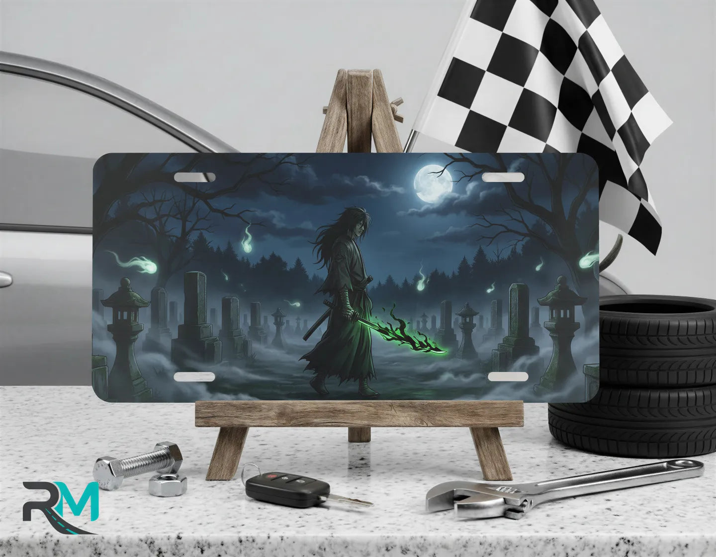 grim reaper vanity plate on display stand — deep blue reaper spectral green cemetery aluminum plate