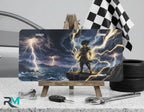 stormcaller vanity plate on display stand — electric blue gold lightning cliff stormy sea aluminum plate