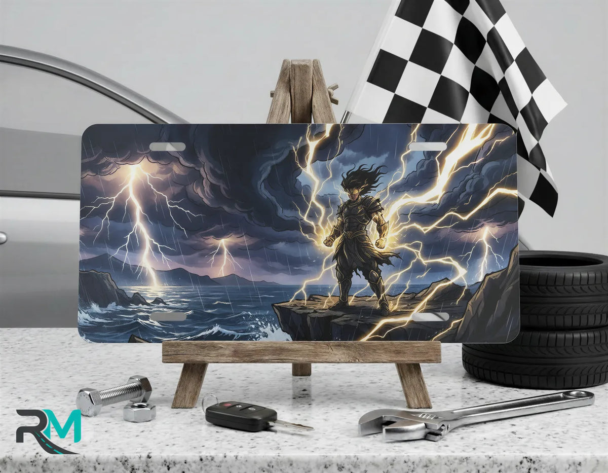 stormcaller vanity plate on display stand — electric blue gold lightning cliff stormy sea aluminum plate