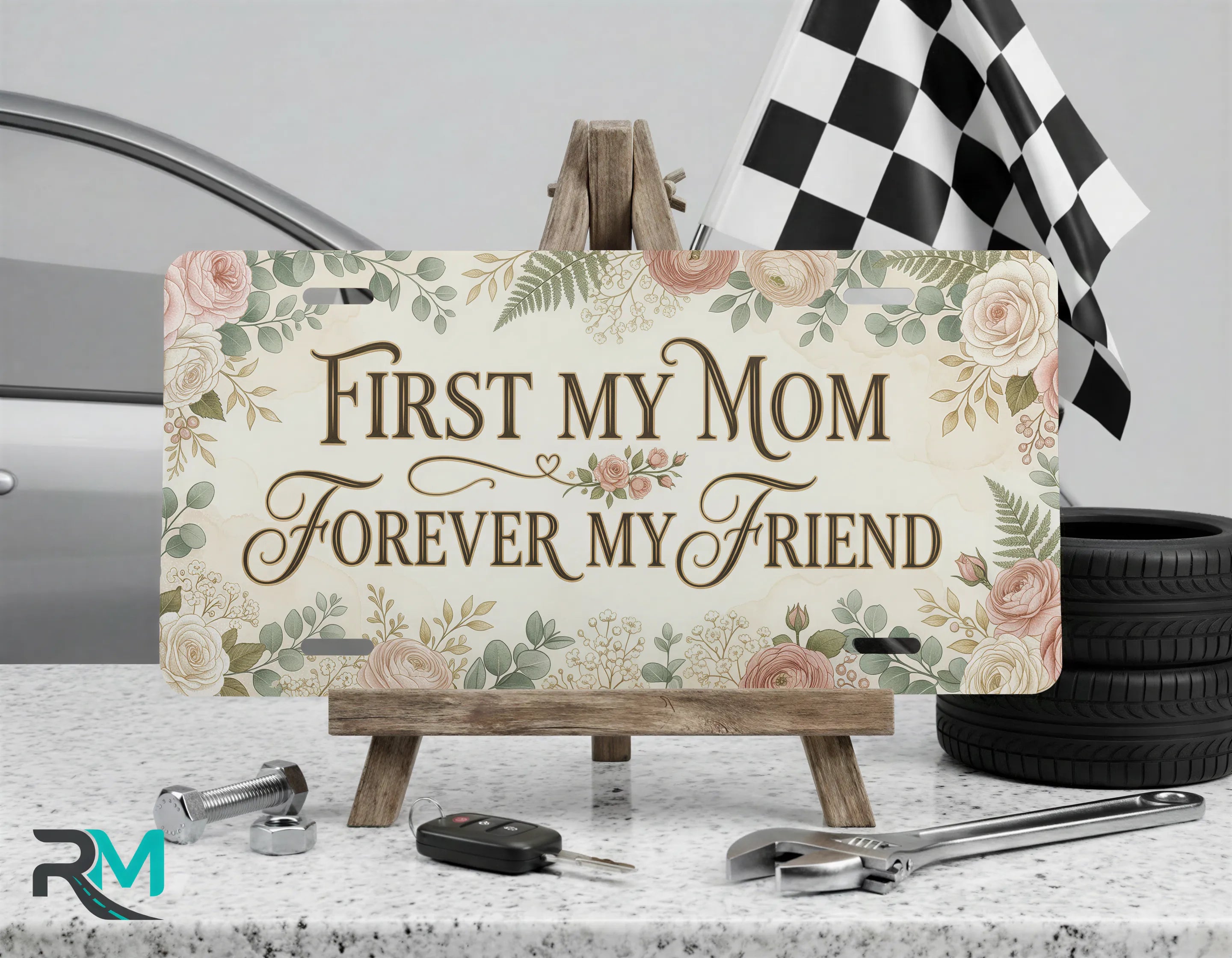 First My Mom Forever My Friend Blush Floral Vanity Plate