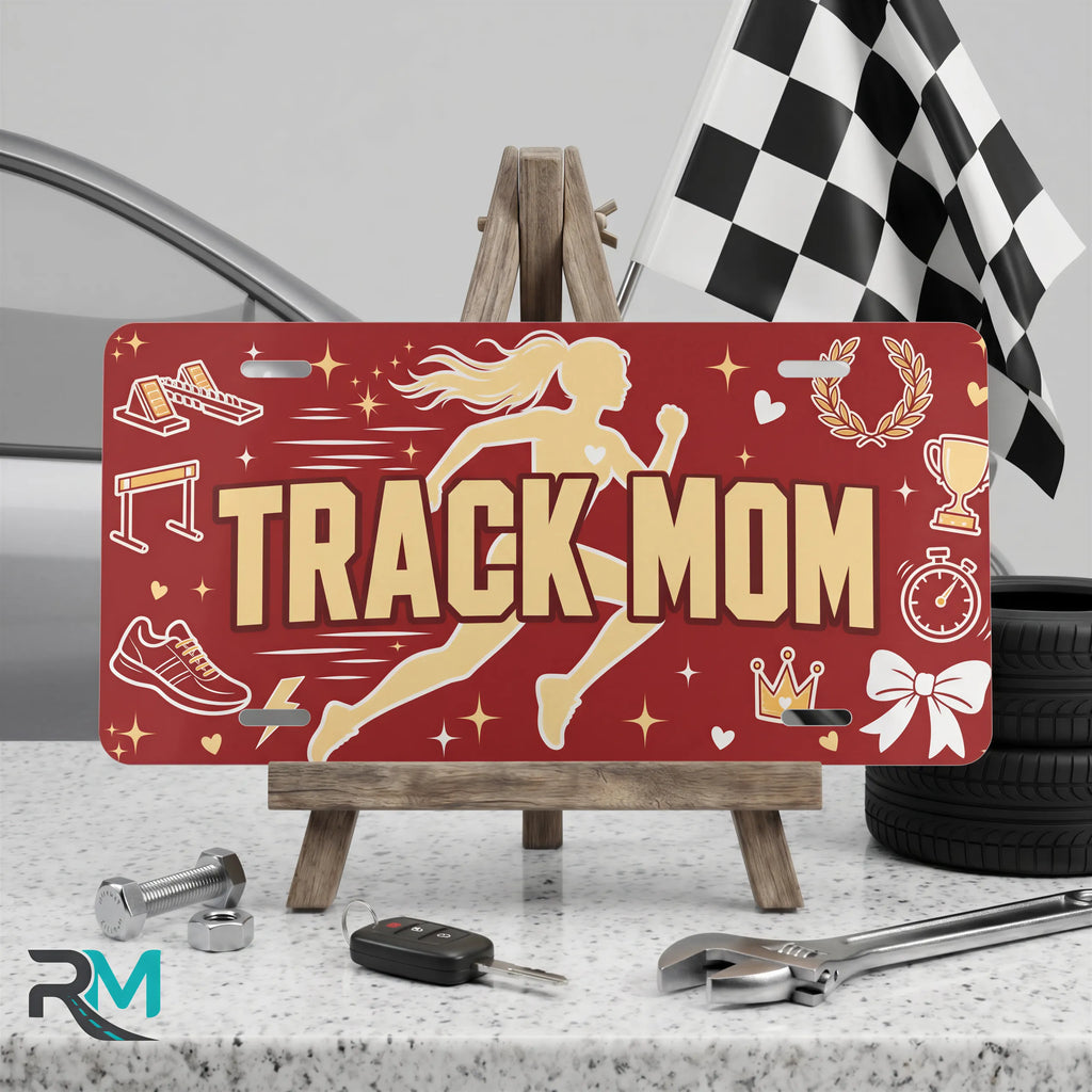 track mom vanity plate on display stand — runner silhouette spikes aluminum plate