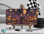 lantern festival vanity plate on display stand — warm amber twilight canal sky lantern aluminum plate