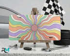 retro pastel sunburst vanity plate on display stand — candy pink lavender mint aluminum plate
