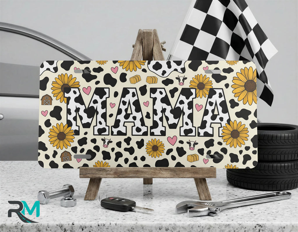 Mama Cow Print Sunflowers Vanity Plate