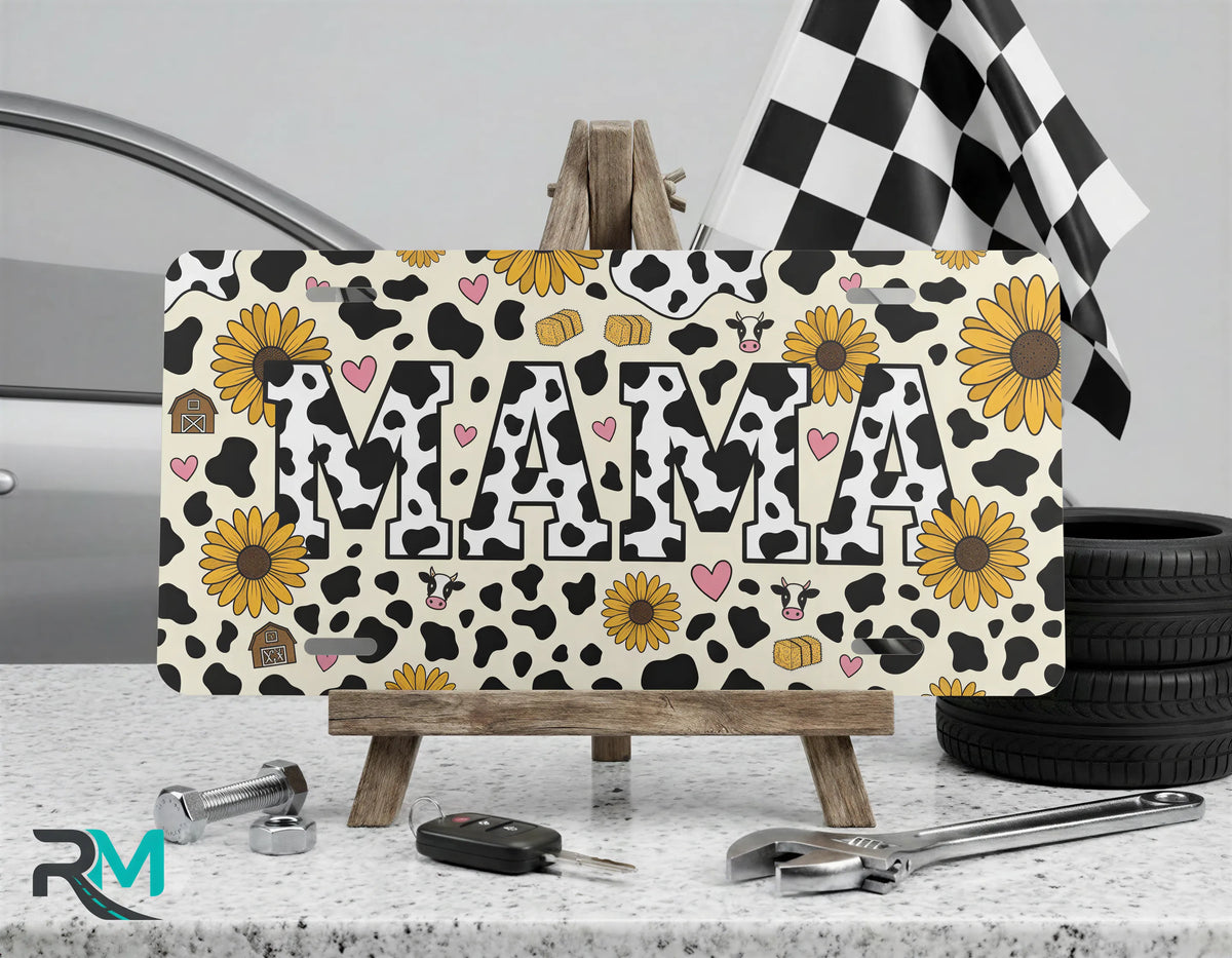 Mama Cow Print Sunflowers Vanity Plate