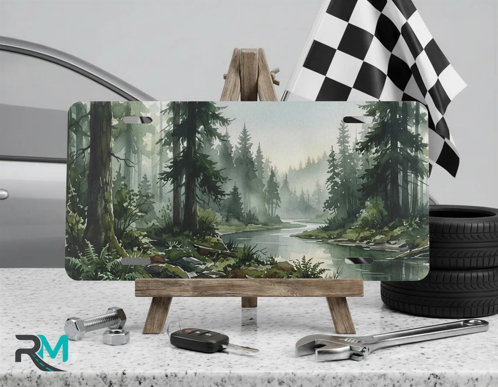 forest river vanity plate on display stand — muted green moss foggy blue license plate