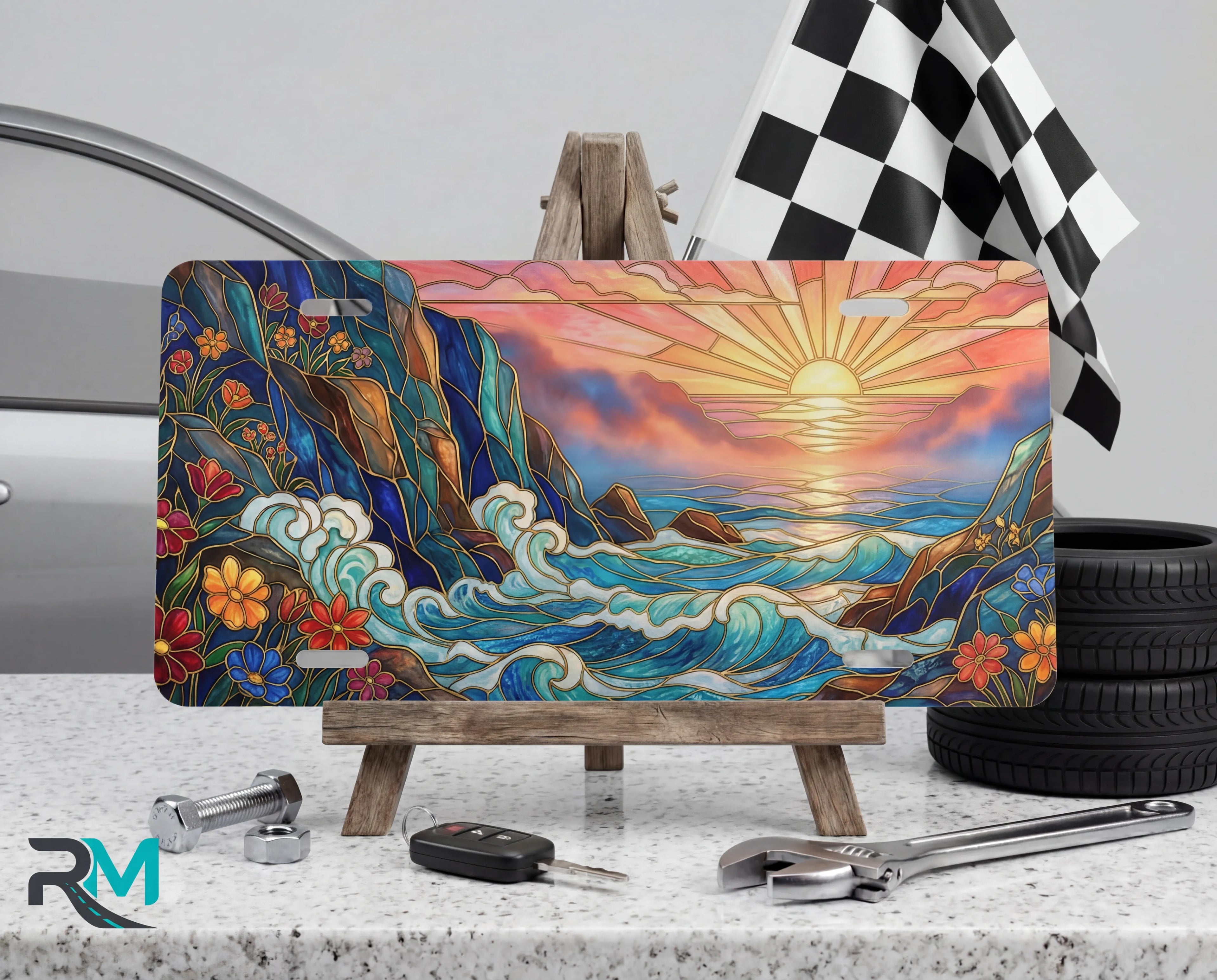 sunset ocean waves vanity plate on display stand — warm gold jewel teal sunrise ocean aluminum plate
