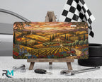 tuscan vineyard vanity plate on display stand — warm amber cypress vineyard golden hour aluminum plate