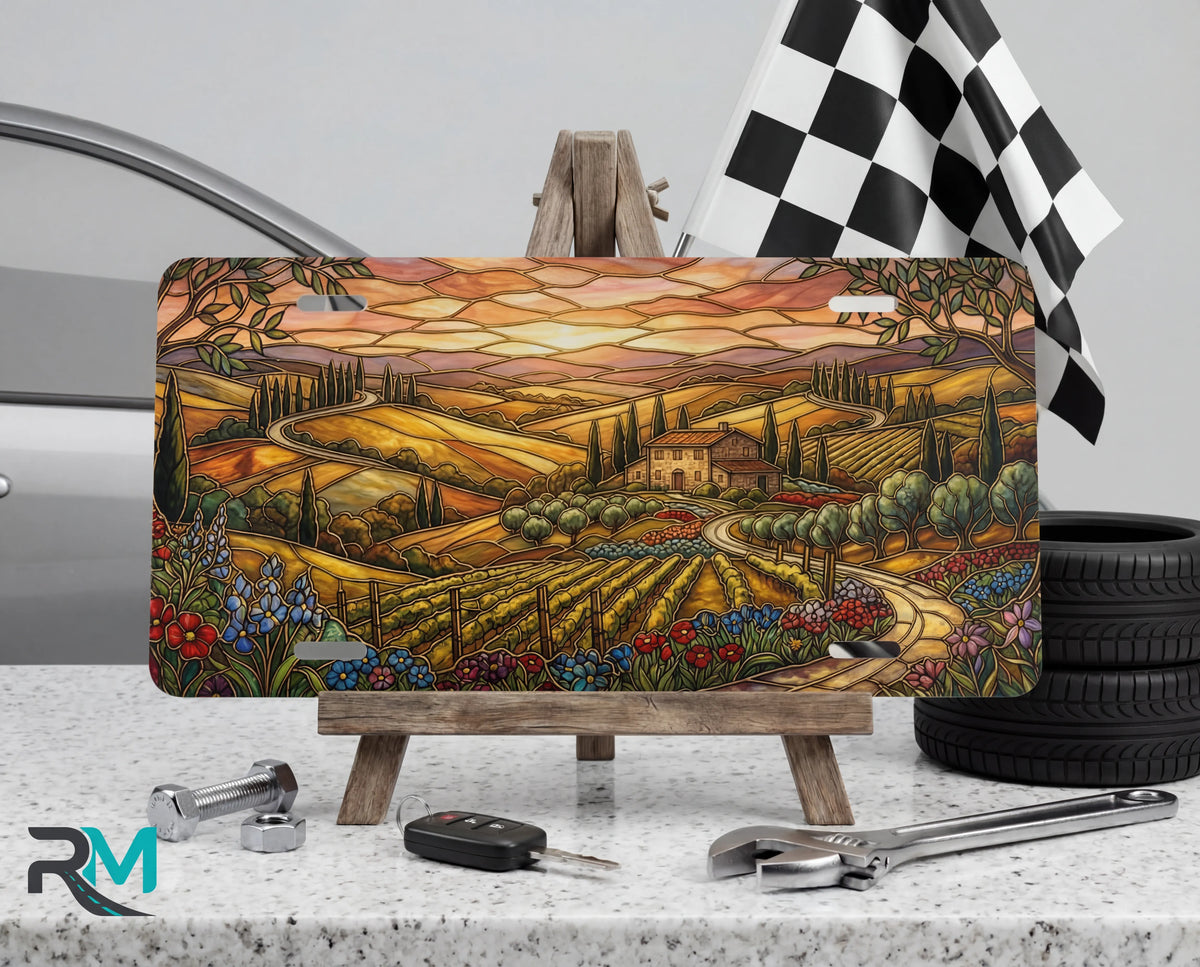 tuscan vineyard vanity plate on display stand — warm amber cypress vineyard golden hour aluminum plate
