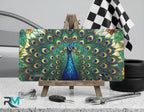 peacock feathers vanity plate on display stand — iridescent teal emerald gold aluminum plate