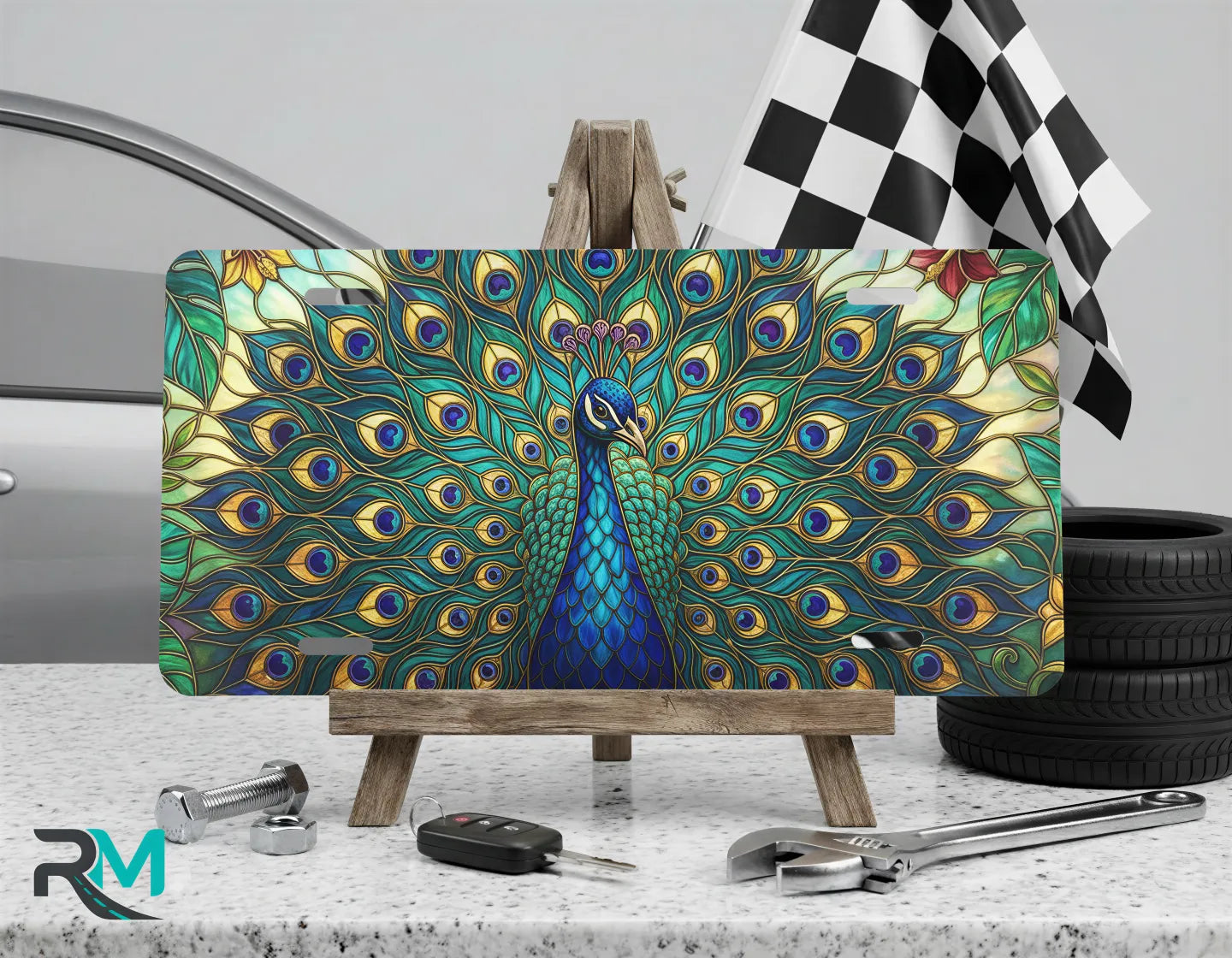 peacock feathers vanity plate on display stand — iridescent teal emerald gold aluminum plate
