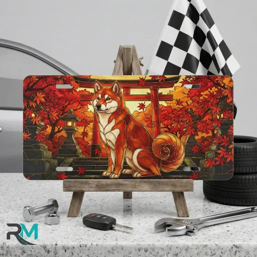 autumn fox torii vanity plate on display stand — vermillion torii fox amber maple aluminum plate