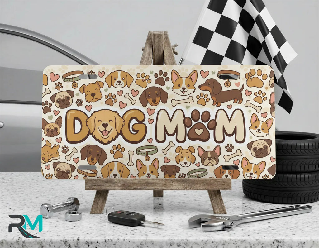 dog mom vanity plate on display stand — paw print puppy face aluminum plate